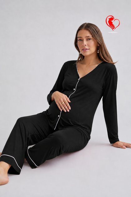Bamboo Fabric Maternity Pajama Set - Buttoned Ribbed Model M-6XL