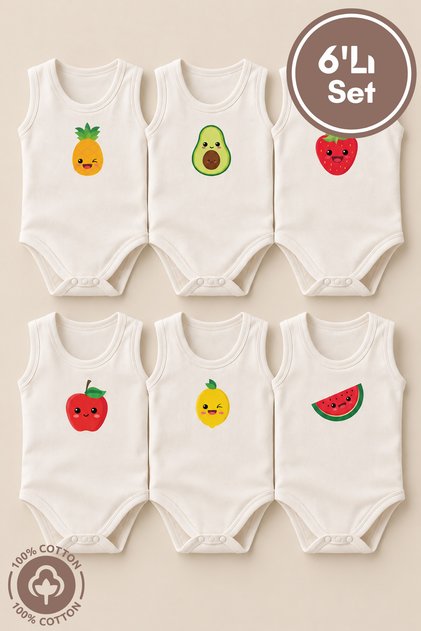 Unisex 100% Organic Cotton Cute Fruit Printed 3-6-9-12 Months 6-Piece Sleeveless Baby Bodysuit