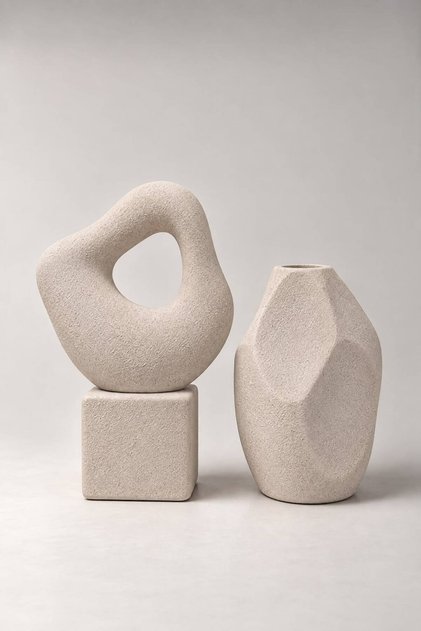 Alora 2’li Modern Organik Form Dokulu Seramik Vazo Seti (Büyük 30x20 cm / Küçük 23x14 cm)