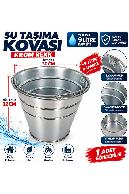 Su Taşima Kovası Çöp Kovası 29 Cm X 30 Cm Krom Renk 9 Litre Kapasiteli 1 Adet Gönderilir