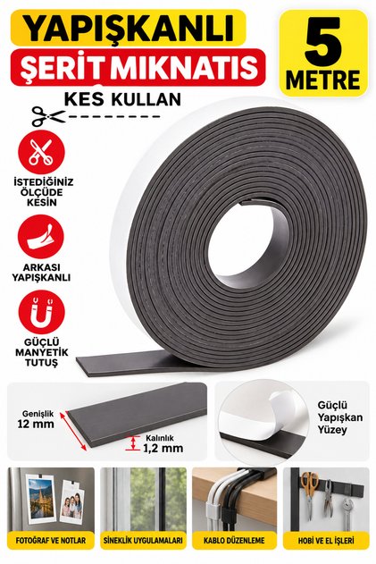 5 Metre Yapışkanlı Şerit Mıknatıs Magnet Kes Kullan, Genişlik 12 Mm - Kalınlık 1,2 Mm