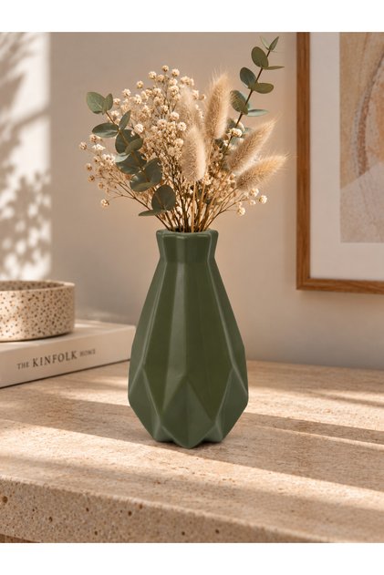 Yeşil Geometrik Taş Vazo 17 cm - Dekoratif Şık Masa Üstü Çiçeklik