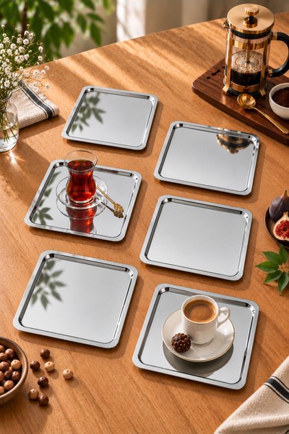 6’lı 23 cm Paslanmaz Çelik Kare Servis Tepsisi Seti – Çay Kahve Sunum İkram Tepsisi
