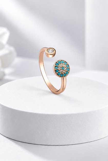 Gümüş 925 Ayar Özel Tasarım Ayarlanabilir Rose Zirkon Ve Firüze Taşlı Yüzük