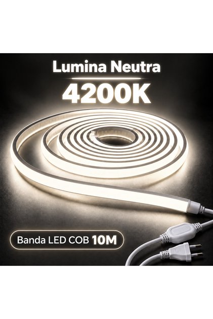 Bandă Iluminare LED COB 10m, 4200K, 220V, 10W/m, 1000lm/m, IP65, Alb Neutru, cu Sursă Alimentare