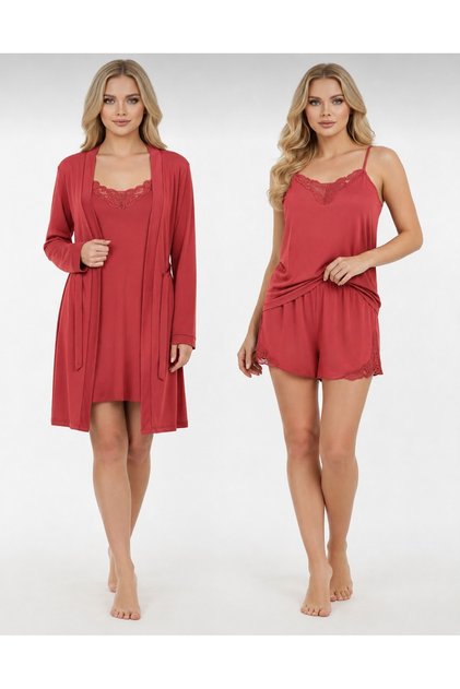 Red Micro Combed Cotton Lace 4-Piece Robe Nightgown Shorts Set – Soft and Stylish