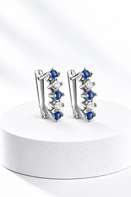 Gümüş 925 Ayar 2,5 Mm Sıra Zirkon Safir Taşlı Küpe