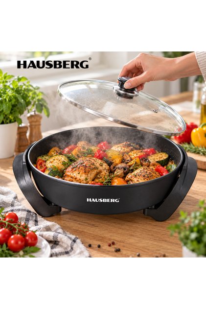 Tigaie electrică multifuncțională HB1303NG, 1500-1800W, 30 cm, antiaderentă, capac din sticlă, temperatură reglabilă, Negru