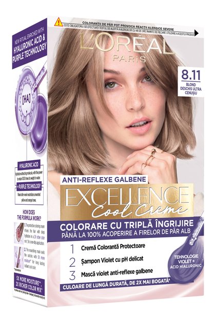 Vopsea de par permanenta cu amoniac L'Oreal Paris Excellence Cool Creme 8.11 Ultra Ash Light Blonde, 192 ml