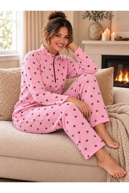 Zippered Waffle Knitted Long Sleeve Women's Pajama Set