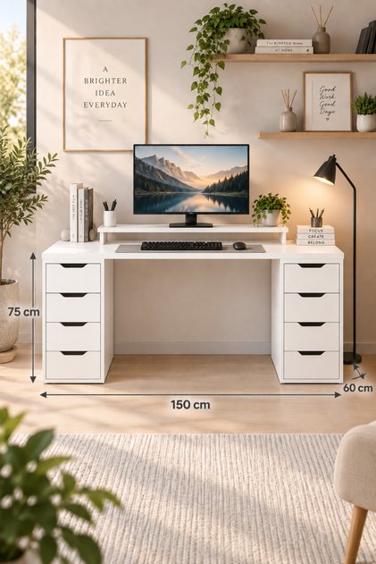 Alen 150 Cm 8 Çekmeceli Çalışma & Oyuncu Masası - Beyaz