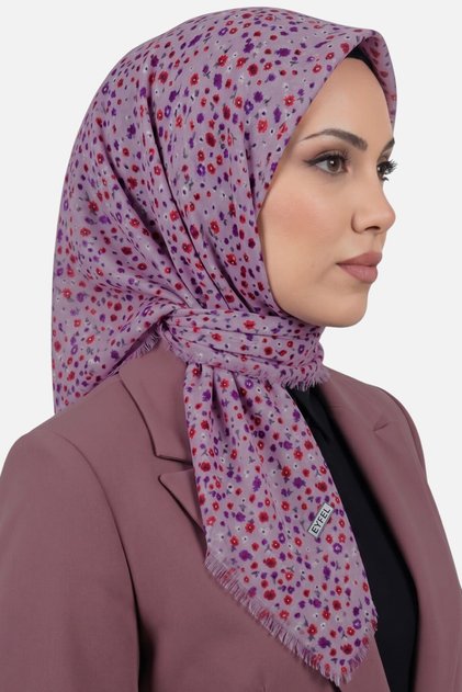 Women's Lilac Floral Patterned Fringed Flared Scarf 6501