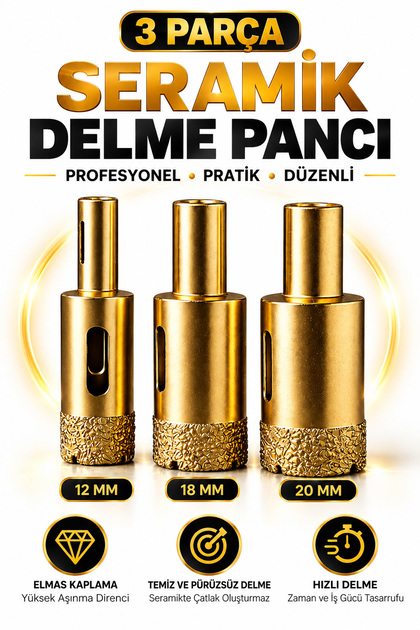 Seramik Delme Pançı 3’lü Set 12-18-20 mm Elmas Kaplama M14 Uyumlu
