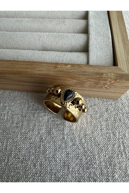 Gold Steel Anti-Tarnish Black Stone Ring