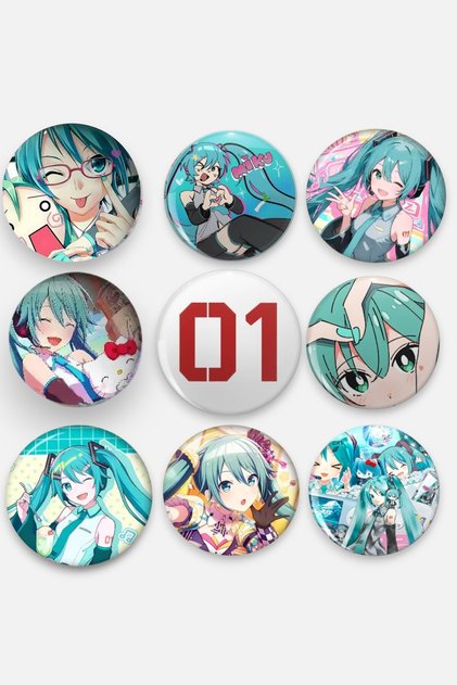 Hatsune Miku 44mm Buton Rozet Seti - 9'lu Vocaloid Anime Tasarımlı Metal Pin Seti Set 2