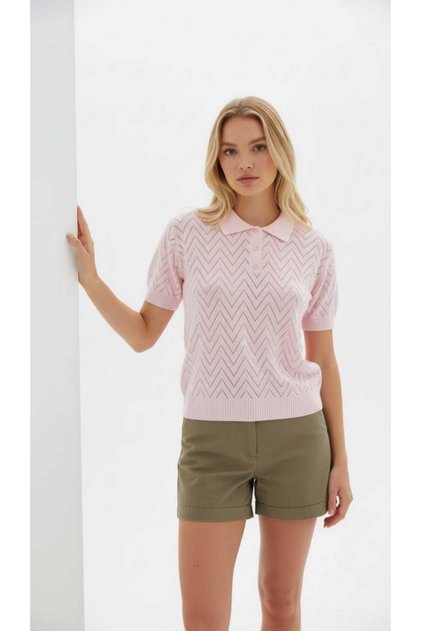 Women's Polo Neck Openwork Zigzag Patterned Short Sleeve Knitwear Blouse