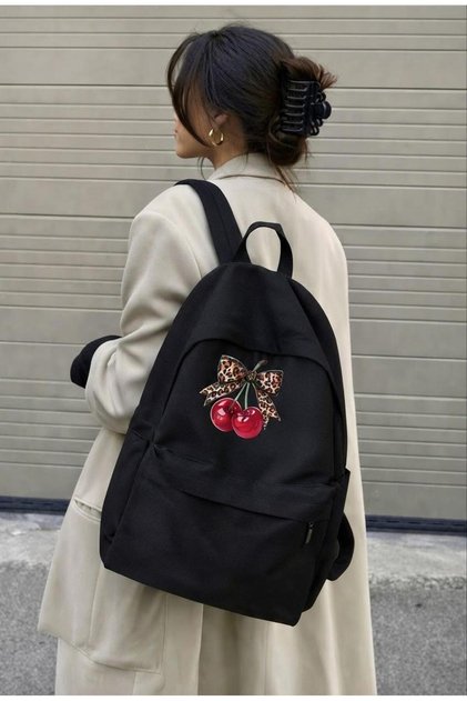 Black Unisex Casual Backpack with Leopard Pattern Bow and Bright Red Cherry Print, School Bag
