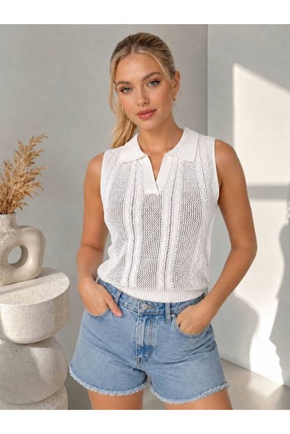 Women's Polo Neck Openwork Zero Sleeve Slim Knitwear Blouse