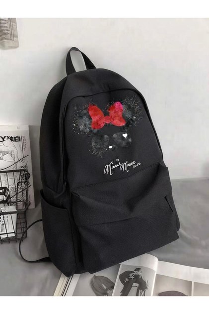 Minnie Mouse Red Bow Written Black Unisex Daily Backpack, School Bag