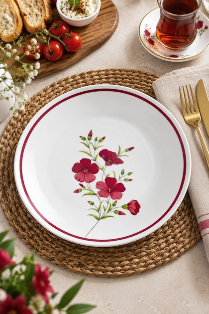 Burgundy Floral Patterned 6-Piece Porcelain Serving Plate Set 26 cm – Breakfast, Presentation, and Dinner Plate Set