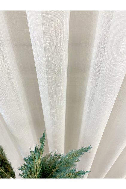 Ekru Renk Naturel Keten Görünümlü Tül Perde Ekru 1/3 Sık Pileli Ağır Gramajlı Kırışmaz