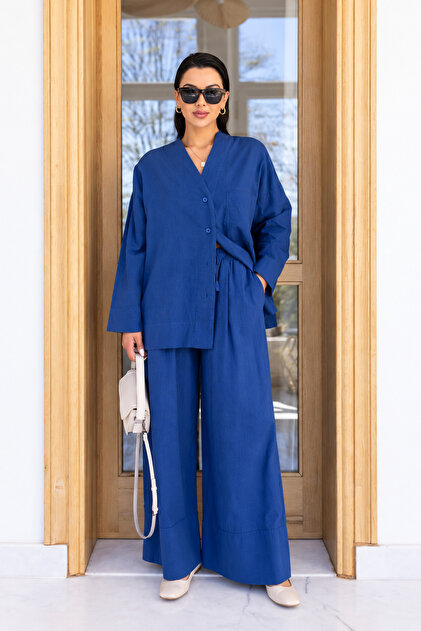 Navy Blue Shirt Double-Legged Trousers Linen Suit - 1232