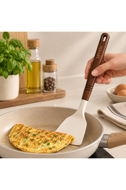 Akasya Saplı Silikon Spatula – Omlet, Krep ve Yemekler İçin Yapışmaz Tava Dostu Mutfak Spatulası