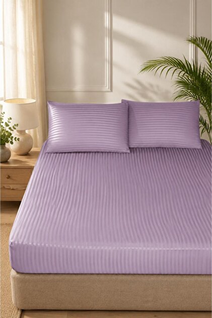Plum Colored, Double Cotton Striped Satin Fitted Sheet Set