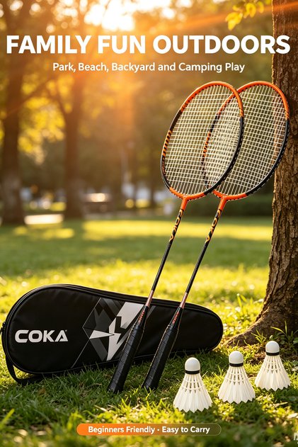 مجموعة مضارب تنس الريشة من COKA، تتضمن مضربين خفيفي الوزن مع 3 كرات ريشة وحقيبة حمل مبطنة، طقم لعبة متين للعب في الهواء الطلق للمبتدئين والبالغين والترفيه العائلي