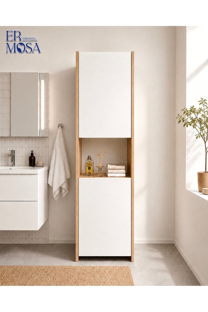 MOLİVA 2 Kapaklı Açık Raflı Boy Dolap-Banyo ve Mutfak Dolabı-Safir Meşe Beyaz