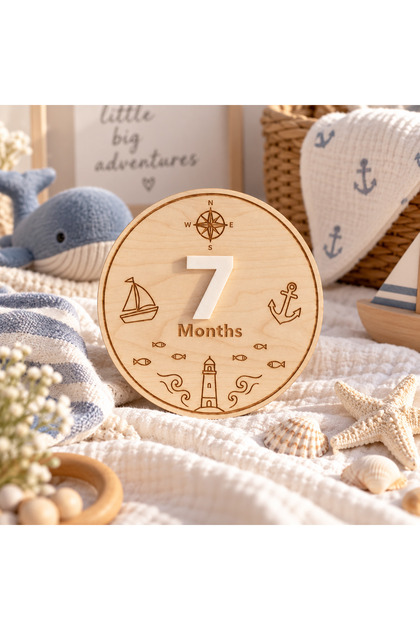 Baby Monthly Memory Card 1-12 Months Wooden Photo Shoot Card with Changeable Numbers Sailor Themed