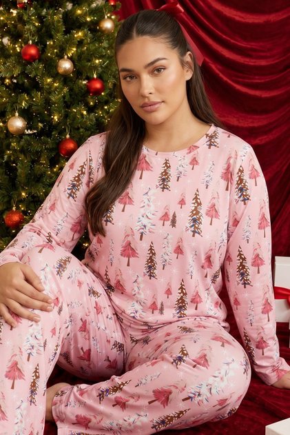 Pink Christmas Themed Patterned Thermal Fabric Ultra Soft Plus Size Oversized Knitted Pajama Set