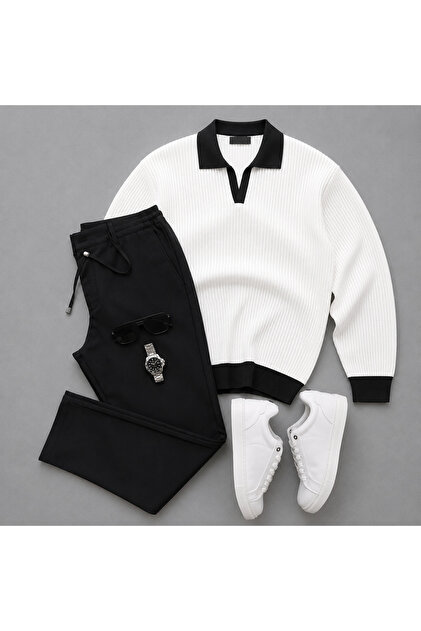 Polo Collar Knitwear Sweatshirt and Jogger Pants 2-Piece Combination