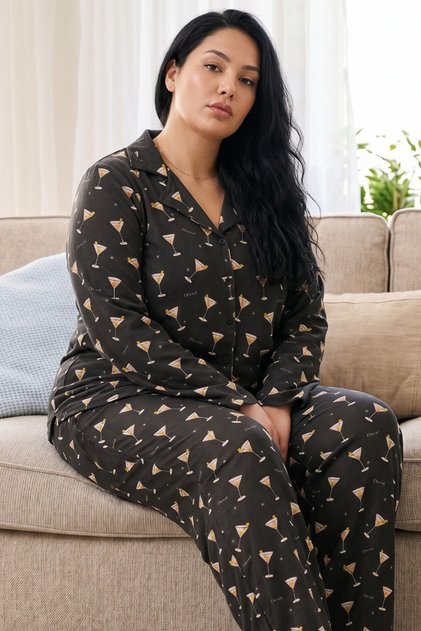 Anthracite Patterned Thermal Fabric Ultra Soft Plus Size King Size Buttoned Knitted Pajama Set