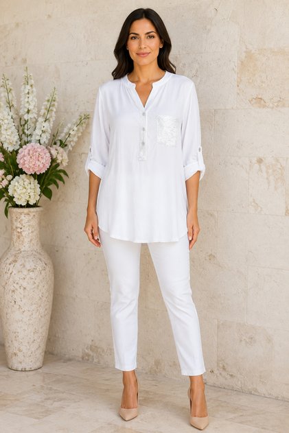 Women's Italian Viscose Fabric Notched Collar Three Quarter Sleeve Sequin Pocket Shirt 44-48