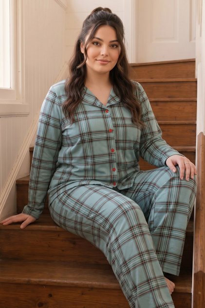 Green Plaid Patterned Thermal Fabric Ultra Soft Soft Plus Size King Size Buttoned Knitted Pajama Set