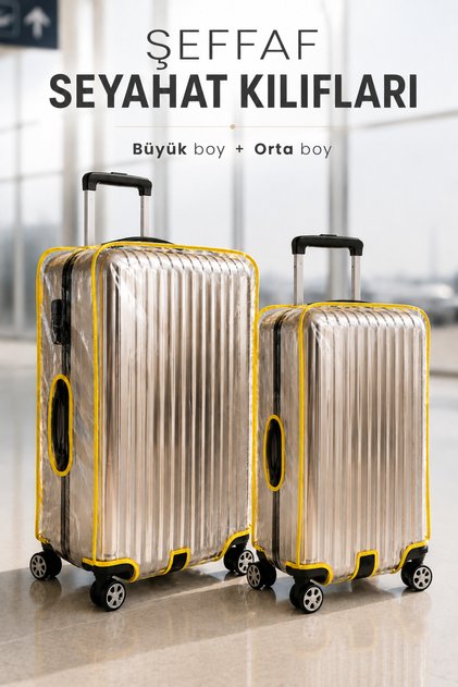 Set of 2 Transparent Pvc Suitcase Protective Covers – Yellow Piping, Velcro Fastening, Large and Medium Size Suitcase Covers