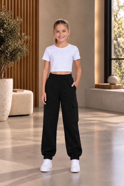 Busekids Unisex Çocuk Kargo Cepli Paça Lastikli Eşofman Altı – Crop Dahil Değildir