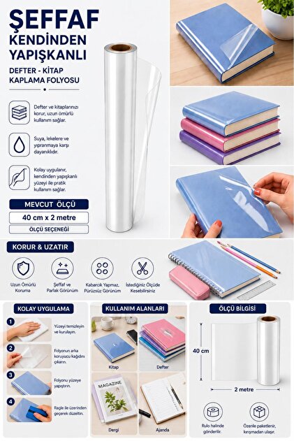 ŞEFFAF KENDİNDEN YAPIŞKANLI DEFTER KİTAP KAPLAMA FOLYOSU 40 CM X 2 METRE