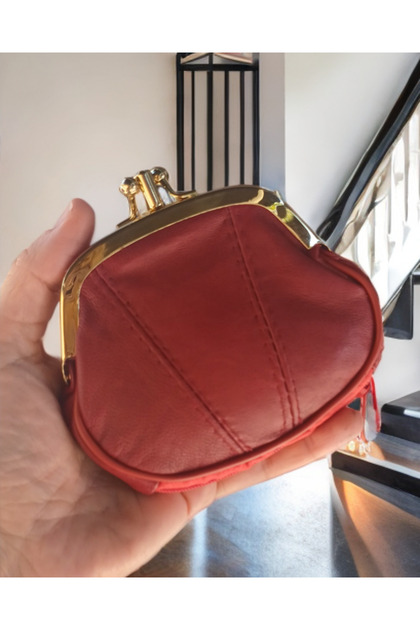 Genuine Leather Red Mini Clip-On Scholarship Women's Mini Handbag Wallet Card Holder 012