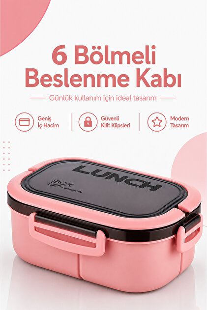 6 Bölmeli Taşınabilir Yemek Kabı Lunch Box Diyet Beslenme Kutusu Saklama Kabı Çatal Kaşık Sefer Tası