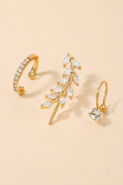 Women's Gold Color Zircon Stone Leaf Model Ear Cuff Earrings