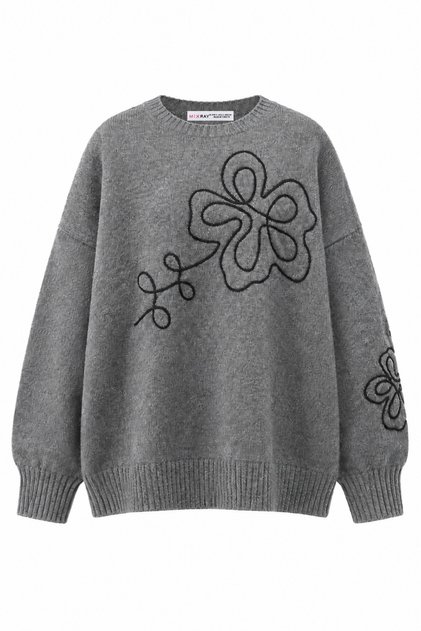 7051 Women's Floral Embroidered Crew Neck Knitwear Sweater Anthracite