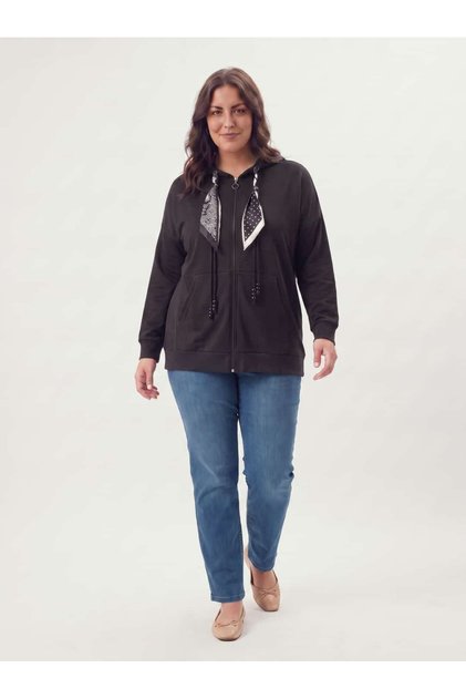 Women's Plus Size Zippered Hooded Sweatshirt with Pockets and Scarf, Viscose Black
