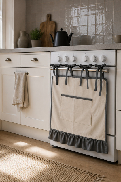 Ruffled Oven Cover – Gray Detailed Cotton Raw Fabric, Decorative Cover with Pockets and Bow Tie Fastening