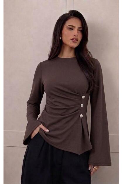 Spanish Sleeve Women's Blouse with Drapes and Buttons