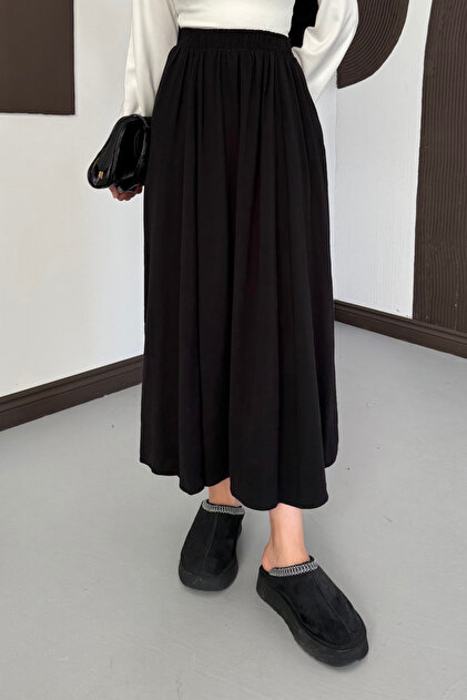Women's Elastic Waist Pocketed Tencel Fabric Long Flared Skirt