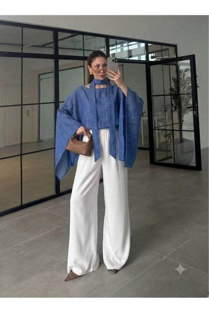 Women's Blue Asymmetrical Cape Blouse with Scarf