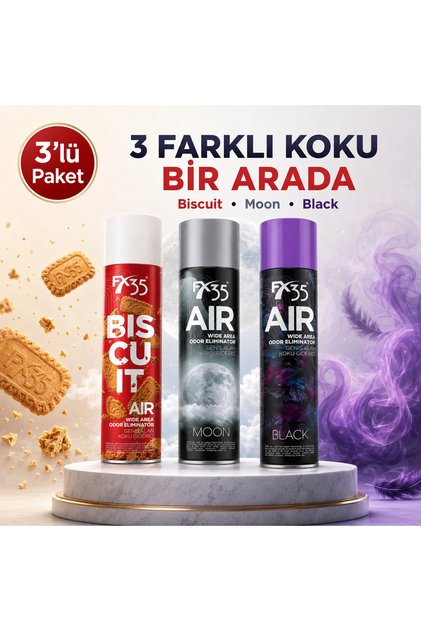 Air Karışık 3’lü Set Geniş Alan Koku Giderici Sprey – Biscuit, Moon, Black – Ev Ofis Araç