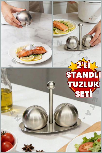 2-Piece Silver Ball Salt Shaker Set with Stand Stainless Steel Salt and Pepper Shakers -3-Piece Stylish Salt and Spice Container Set